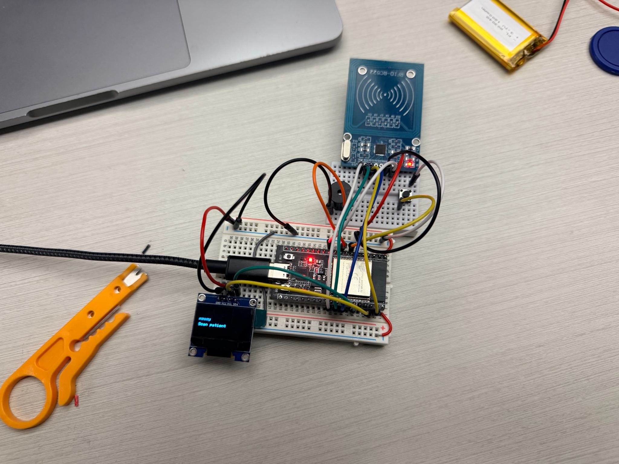 Top view of the RosettaMD RFID and OLED wiring
